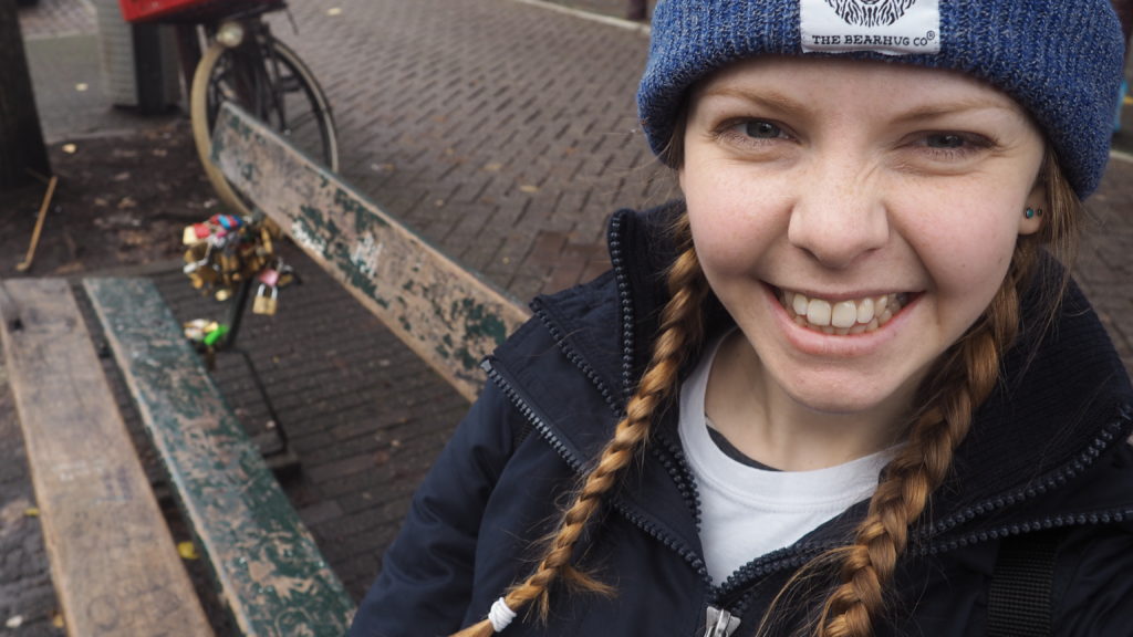 Almost Ginger blog owner on The Fault in Our Stars Bench in Amsterdam, Netherlands