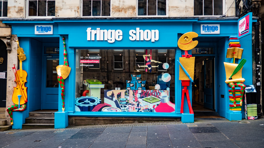 Edinburgh Fringe Festival shop on the Royal Mile in Scotland, UK