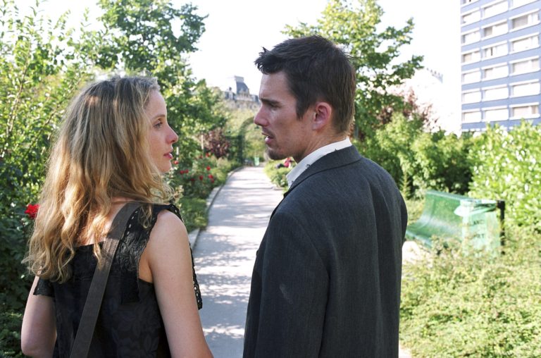 Before Sunset (2004) film still of Celine and Jesse walking on Promenade Plantee in Paris