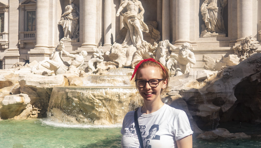 Almost Ginger blog owner at the Trevi Fountain in Rome, a To Rome with Love filming location