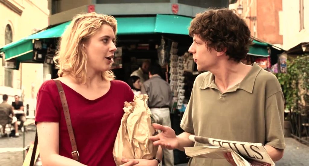 Sally and Jack buying a paper at a newsstand in in To Rome with Love (2012)