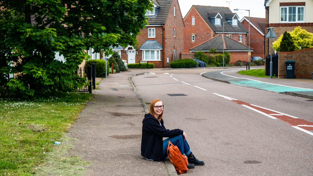 Almost Ginger blog owner at a Harry Potter filming location on Dowding Way in Hertfordshire