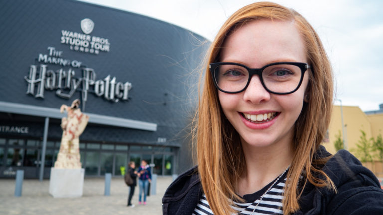 Almost Ginger blog owner outside Harry Potter Studios in London