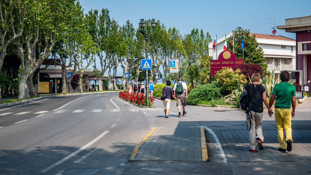 Walking from Sirmione bus stop to Sirmione on Lake Garda, Italy