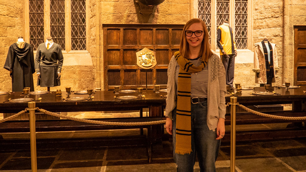 Almost Ginger blog owner in The Great Hall at Warner Bros. Tour/The Making of Harry Potter in London