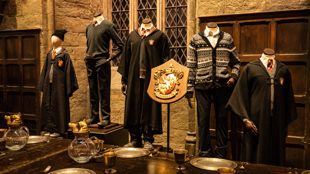 Gryffindor costumes in The Great Hall soundstage at the Harry Potter Studios in London