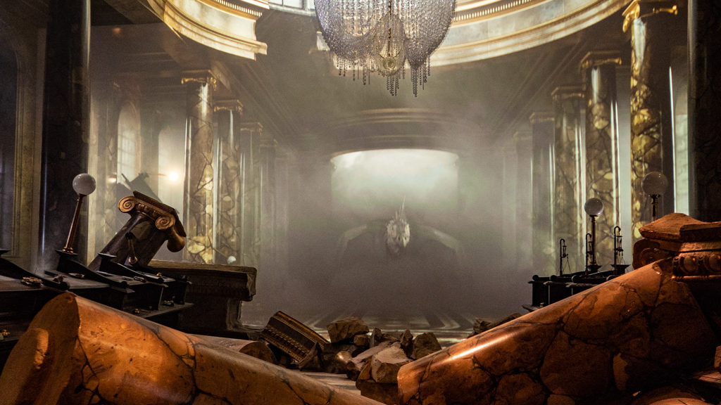 Gringotts bank destroyed by a dragon at the Warner Bros. Tour/The Making of Harry Potter in London
