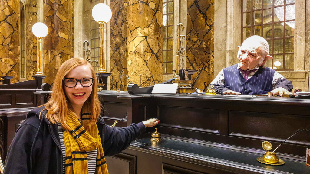 Almost Ginger blog owner in the Gringotts bank set at the Harry Potter Studios in London
