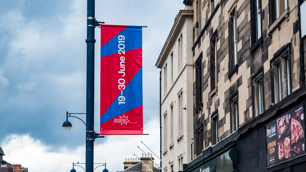 Edinburgh International Film Festival 2019 sign outside Filmhouse cinema in Edinburgh, UK