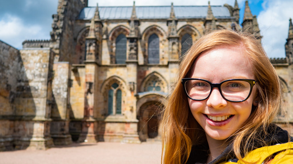 Almost Ginger blog owner outside Rosslyn Chapel in Edinburgh, UK