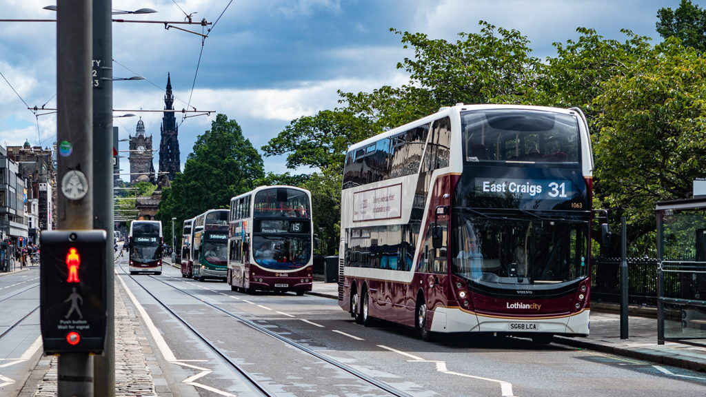 Lothian buses on Princes Street in Edinburgh, UK