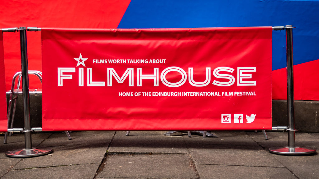 Edinburgh International Film Festival 2019 sign outside the Filmhouse cinema in Edinburgh, UK