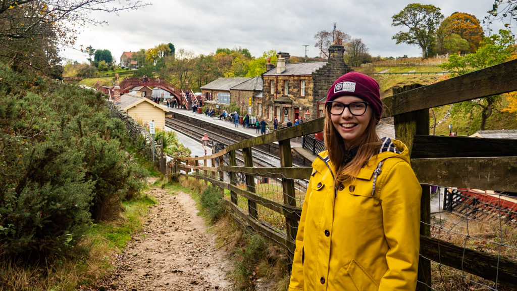 Almost Ginger blog owner at Goathland Station, a Harry Potter Filming Location in North Yorkshire