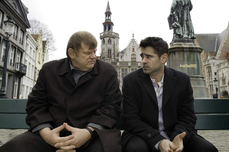 Ken (Brendan Gleeson) and Ray (Colin Farrell) talk in Jan Van Eyckplein in Bruges, Belgium in the film In Bruges
