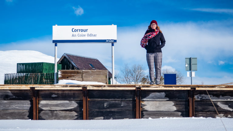 Almost Ginger blog owner on Corrour Train Station Platform in Corrour, Scotland, as seen in Trainspotting