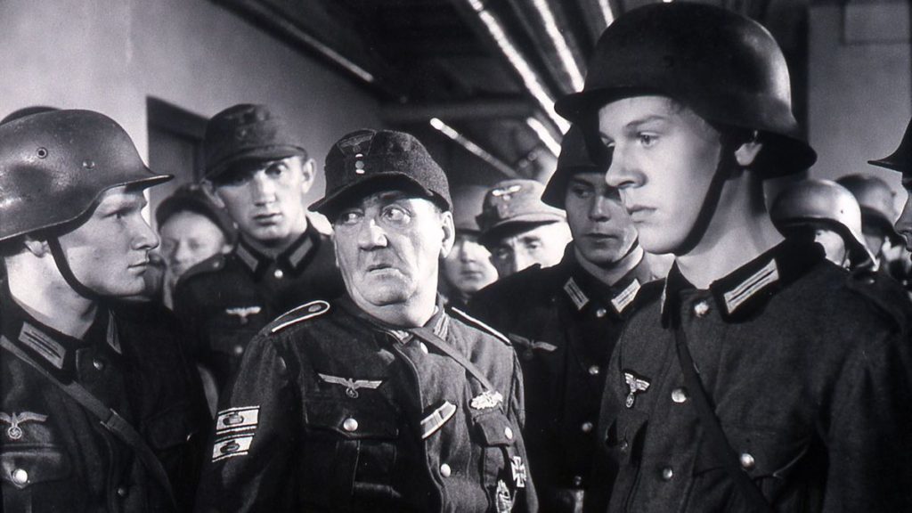 Black and white film still from The Bridge (1959)