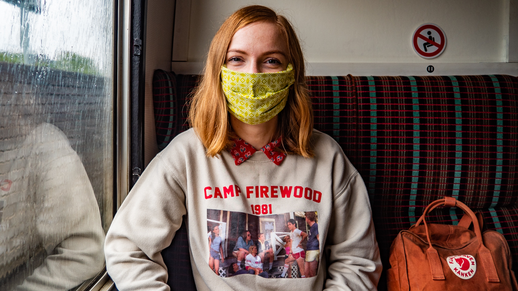 Almost Ginger blog owner wearing mask onboard Harry Potter Jacobite steam train in Scotland