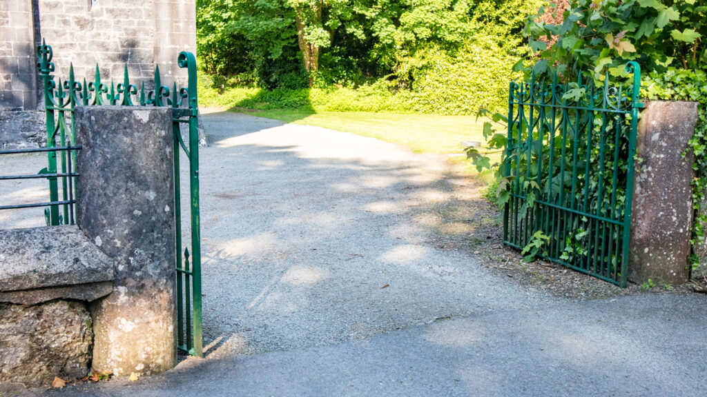 Green gates outside St. Mary's Church of Ireland in Cong in The Quiet Man