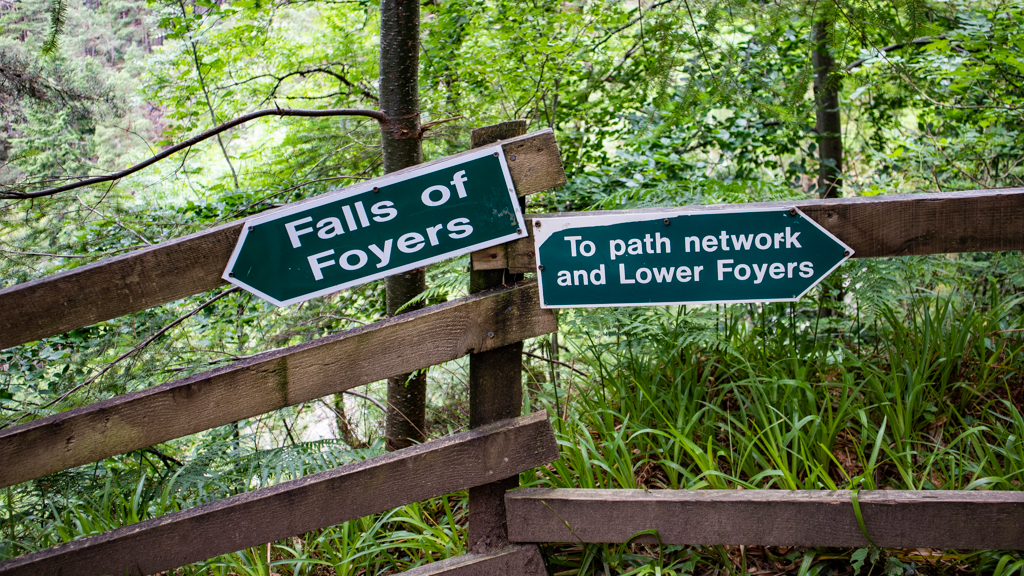 Signs to the Falls of Foyers near Loch Ness in Inverness, Scotland