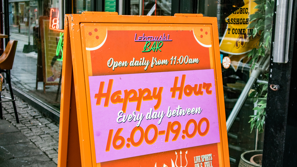 Lebowski Bar Happy Hour Sign in Reykjavík, Iceland