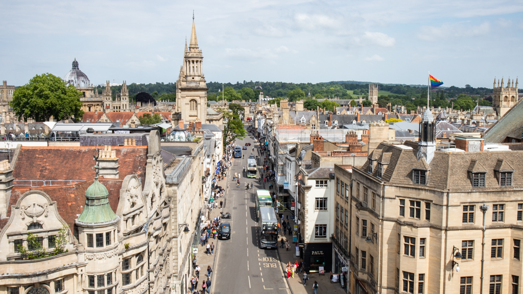 View of Oxford's Cornmarket Street from Carfax Tower in Oxford, England