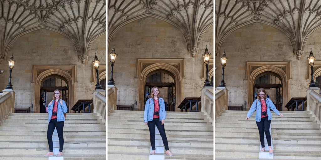 Almost Ginger blog owner on Bodley Tower Staircase at Christ Church College at the University of Oxford, England