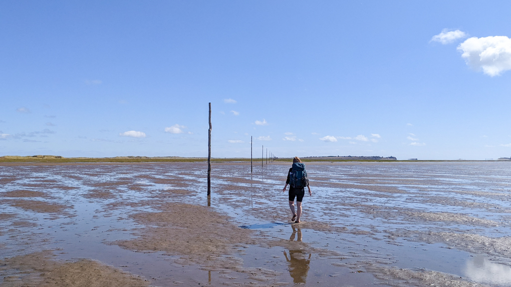 Almost Ginger blog owner walking along the Pilgrim's Path on St Cuthbert's Way to Lindisfarne