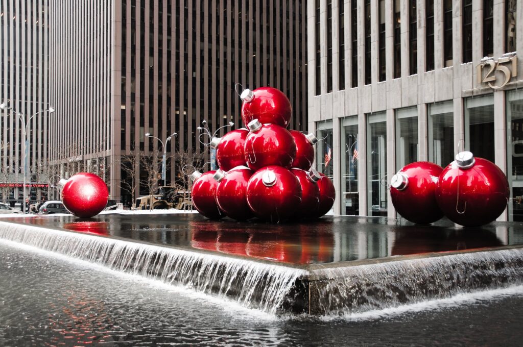 Christmas Balls Fountain in Rockefeller Center in New York City
