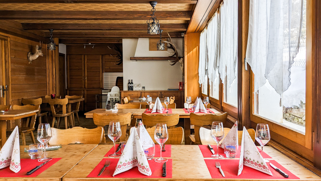 Restaurant at the Hôtel du Grand-St-Bernard in Liddes, Switzerland