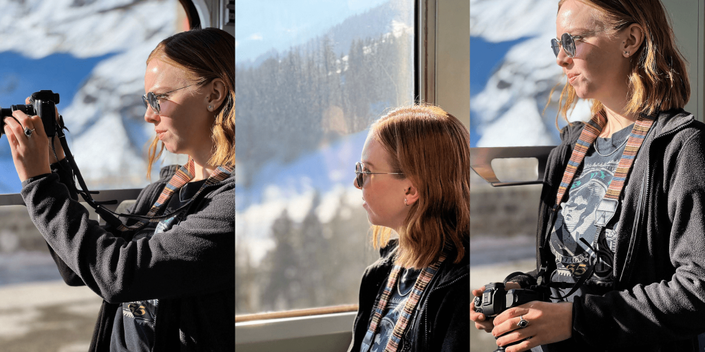 Almost Ginger blog owner taking photos from the Bernina Express train in Switzerland