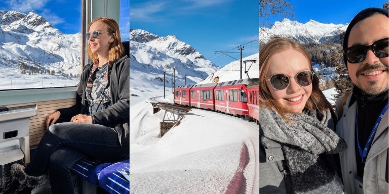 Almost Ginger blog owner and friend riding the Bernina Express in Switzerland on a Milan Day Trip