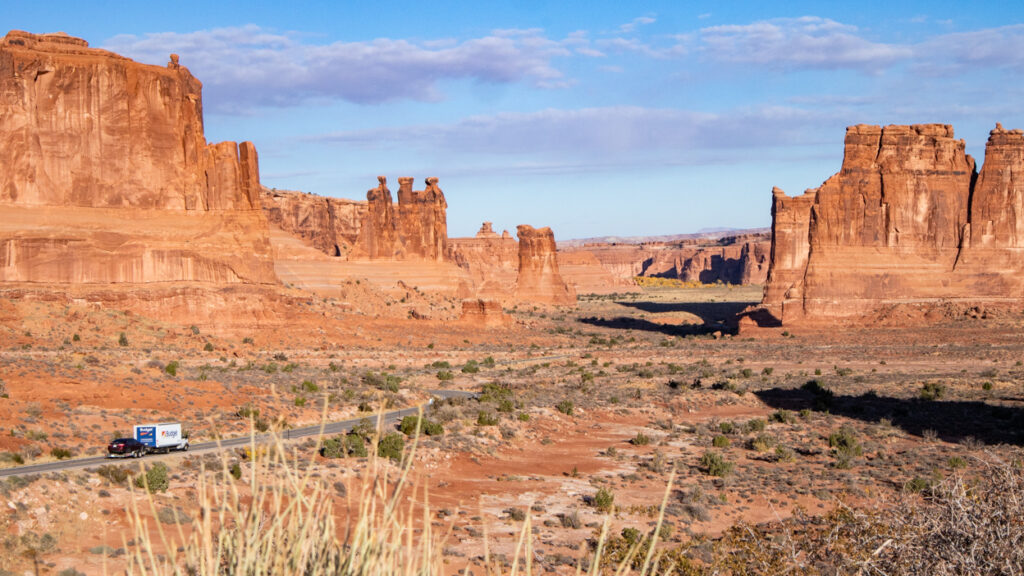 Three Gossips, Sheep Rock, and Courthouse Towers on Arches Scenic Drive in Arches National Park, Utah