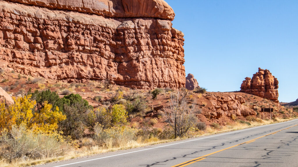 Courthouse Towers on Arches Scenic Drive through Arches National Park in Moab, Utah