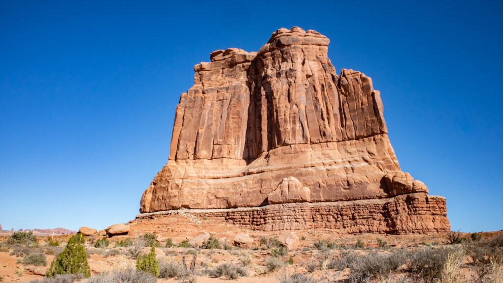 Courthouse Towers red rock formation in Arches National Park, Utah