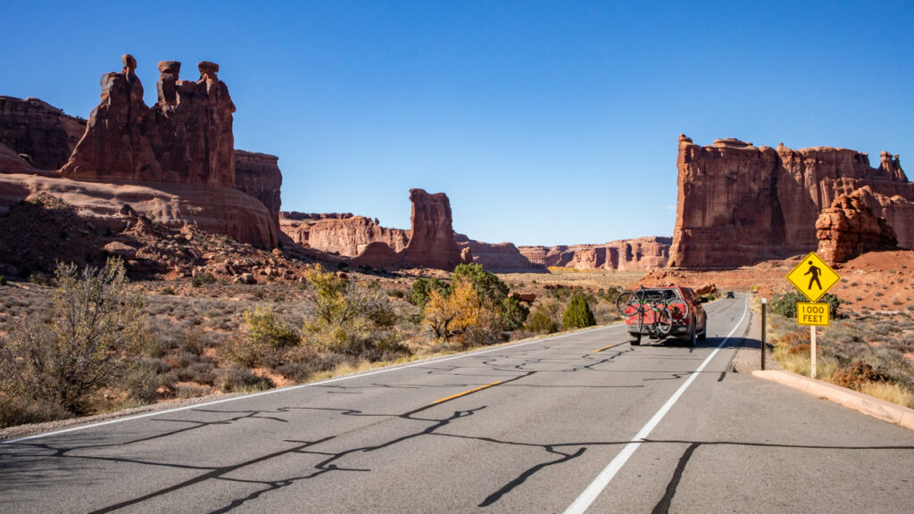 Arches Scenic Drive road through Arches National Park in Moab, Utah