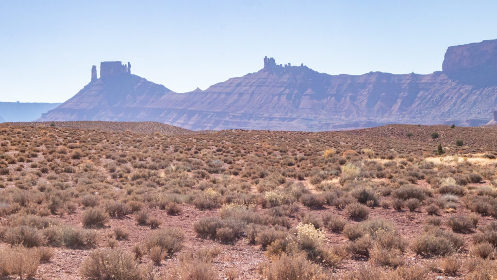 Castleton Tower in a canyon landscape with shrubs in Moab, Utah