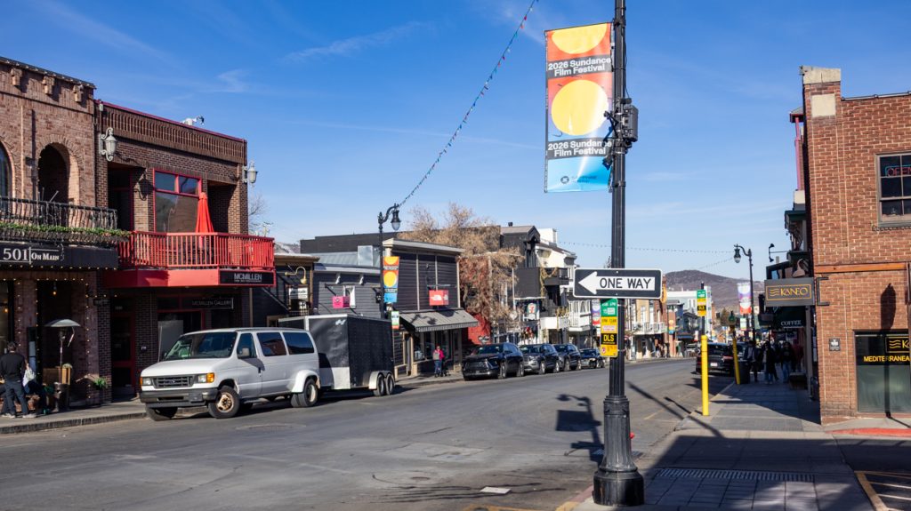 Sundance Film Festival 2026 signs along Park City main street, Utah
