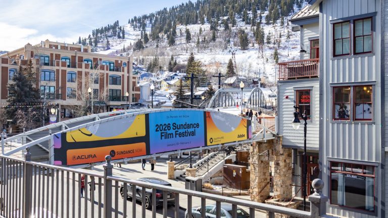 Sundance Film Festival 2026 signs along Park City main street, Utah