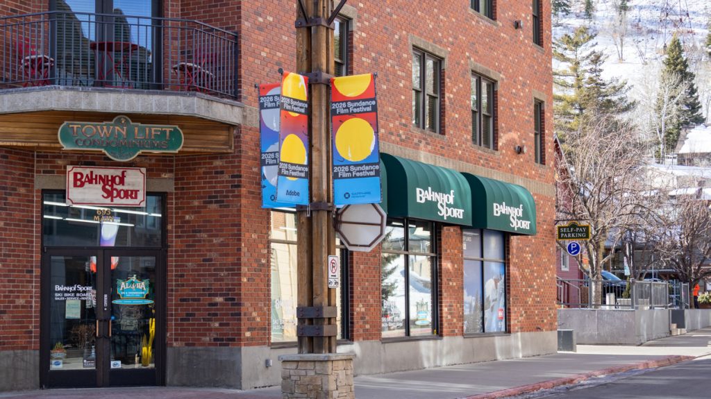 Sundance Film Festival 2026 signs along Park City main street, Utah