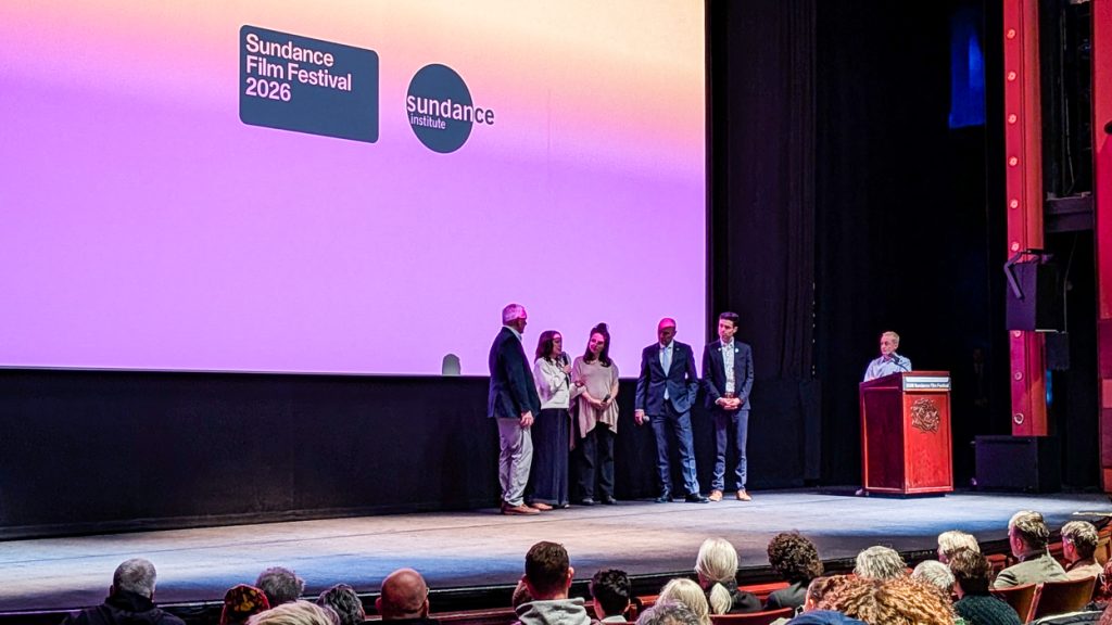 Six cast, crew, and interviewer of documentary The Lake Q&A, screening at Rose Wagner Theater at Sundance Film Festival 2026